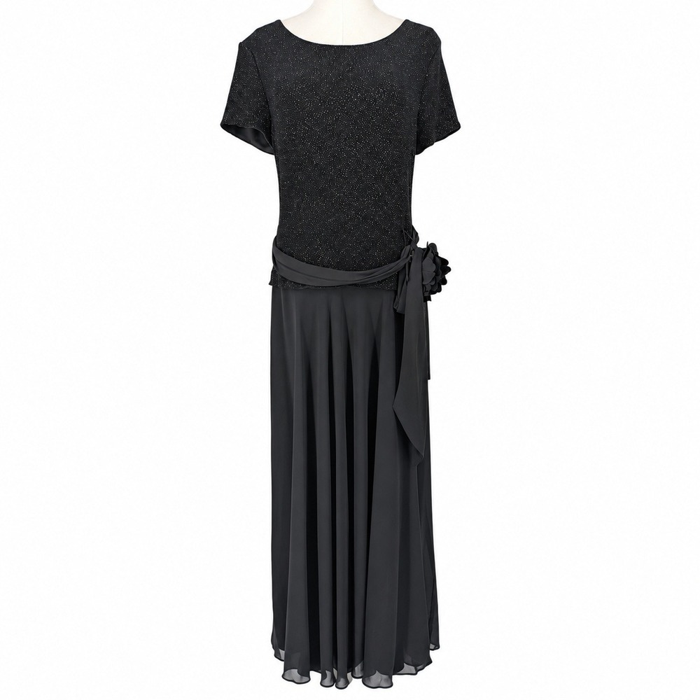 Positive Attitude Maxi Dress 10 Black Glitter Sash Vintage Formal Romantic Goth